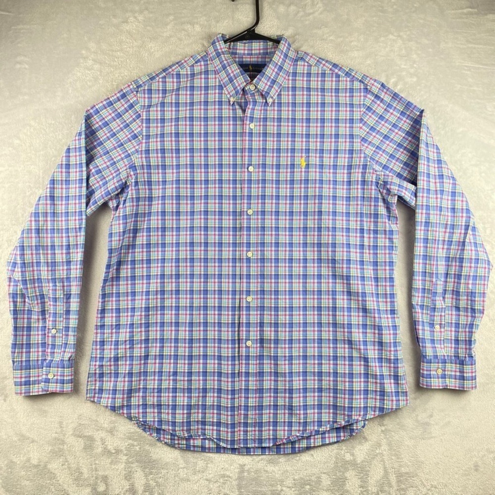 Polo Ralph Lauren Shirt Men XL Pink Blue Indian Madras Plaid Short Sleeve Button